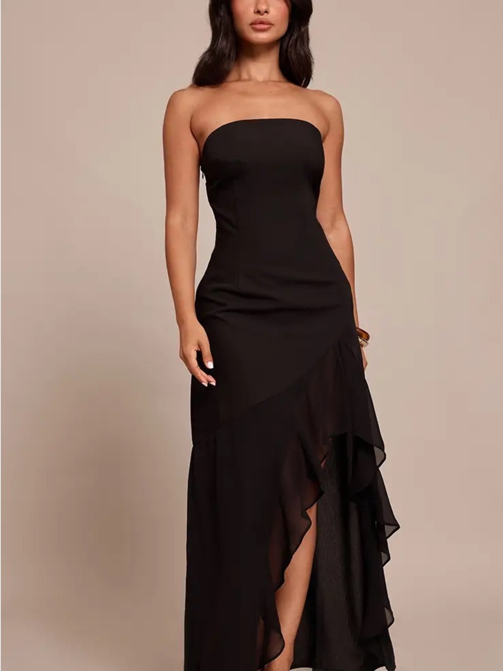 Boohoo Petite Black Strapless Ruffle-Hem Maxi Dress